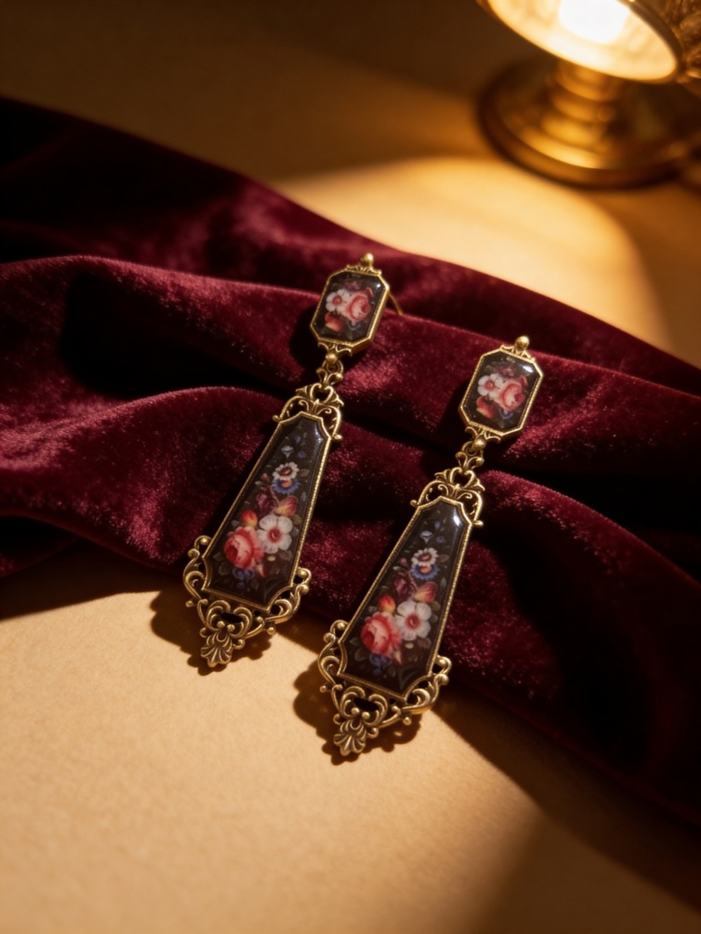 9K Vintage  Floral Porcelain Drop Earrings Black & Gold